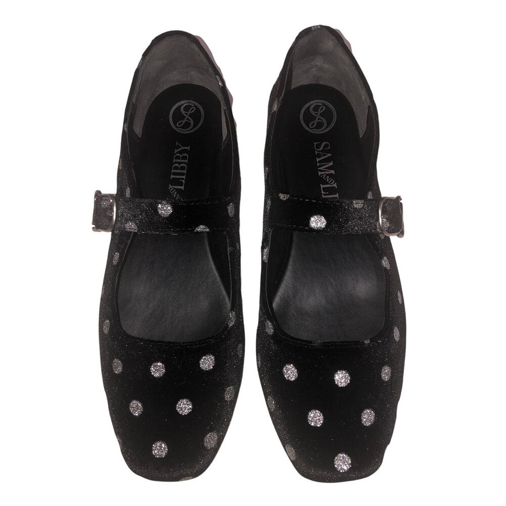Sam and Libby Black Velvet Mary Jane Flats Silver Glitter Polka Dot Size 8.5